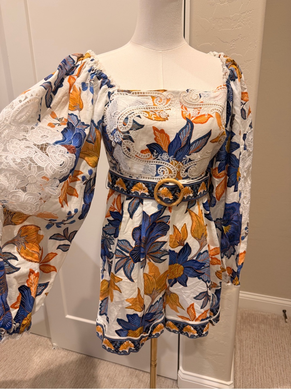 FARM Rio Blue & Mustard Floral Lace-Trim Puff Sleeve Mini Dress